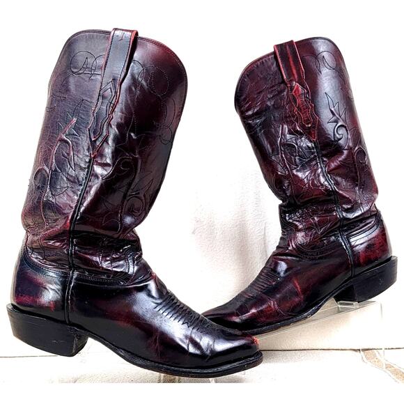 Vintage Lucchese Roper Cowboy Boots Dark Cherry USA Leather Men’s 7.5E Western main image 6